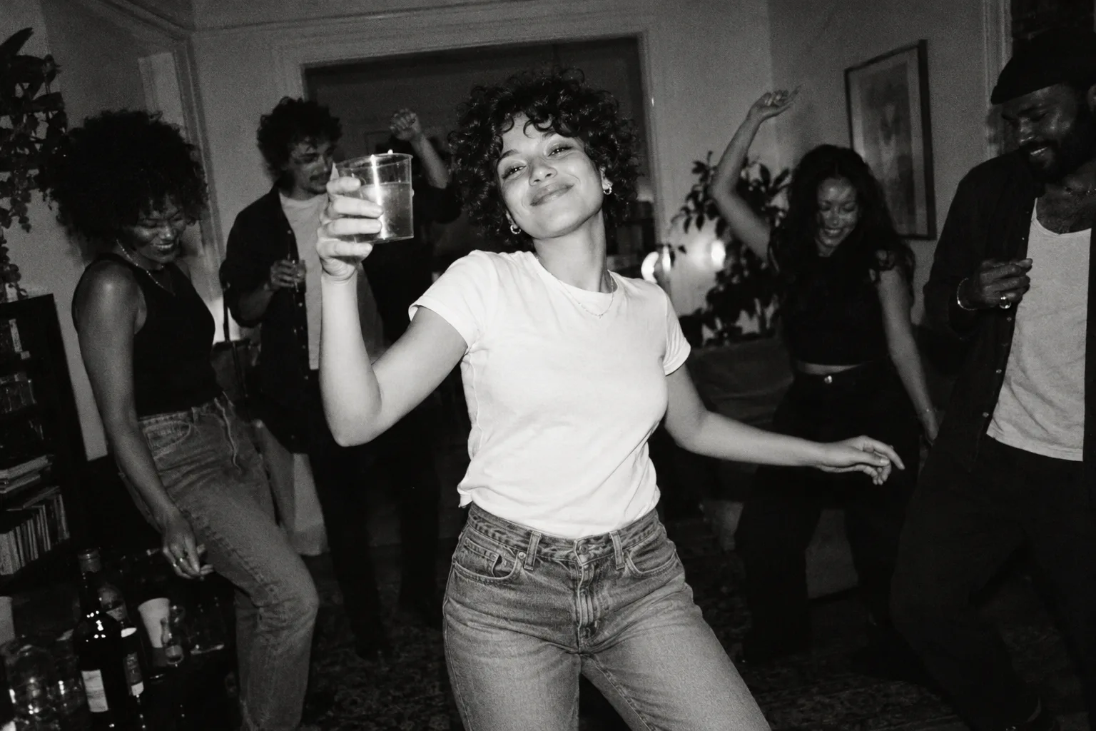 Original black-and-white party concept, with friends dancing and a cup raised